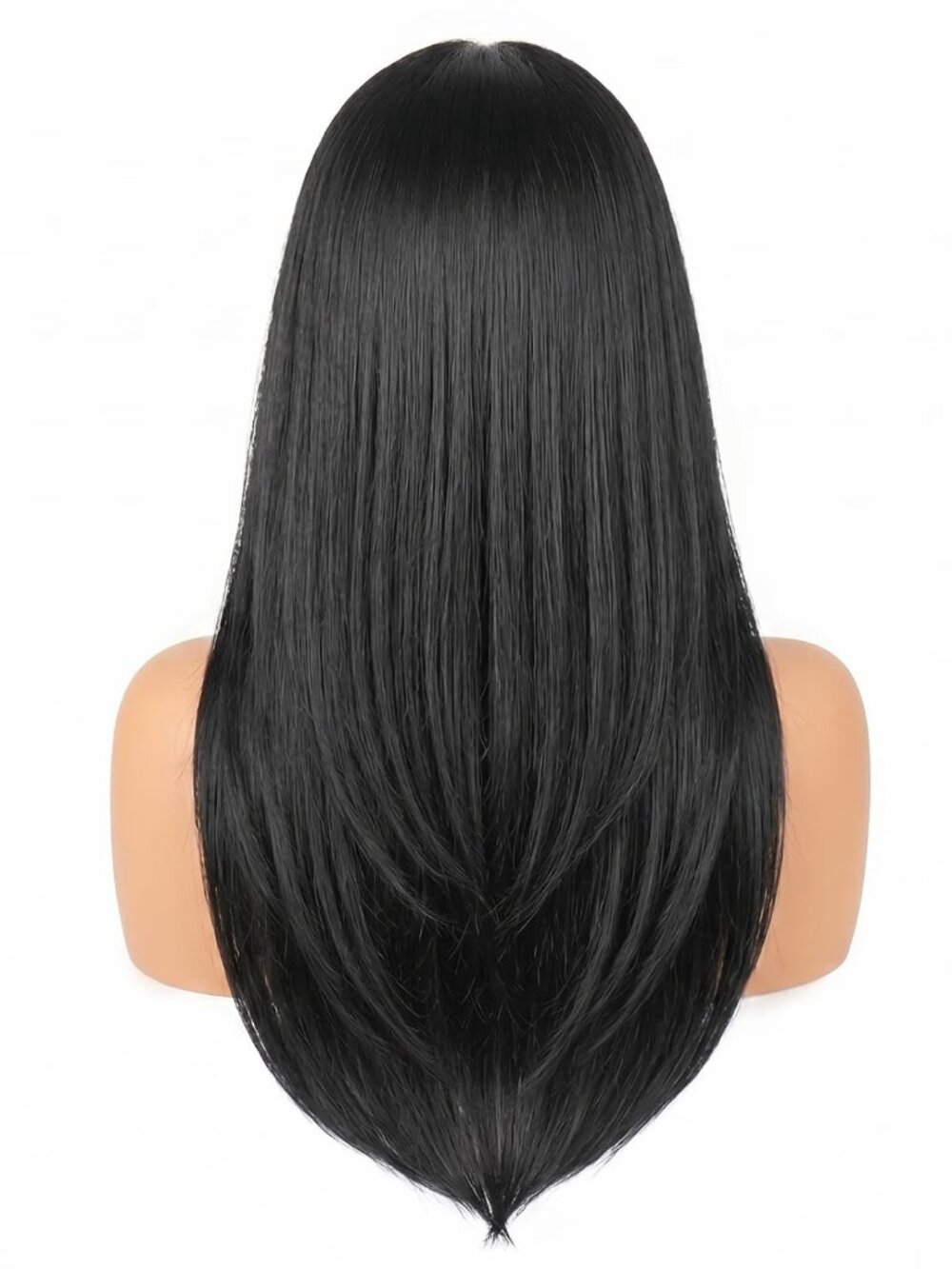 26" Black Long Straight Synthetic Layered V-Part Wig